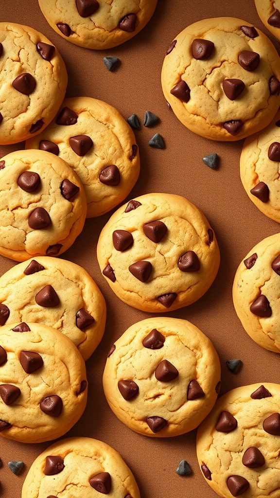 Aesthetic wallpaper design with various chocolate chip cookies on a warm brown background.